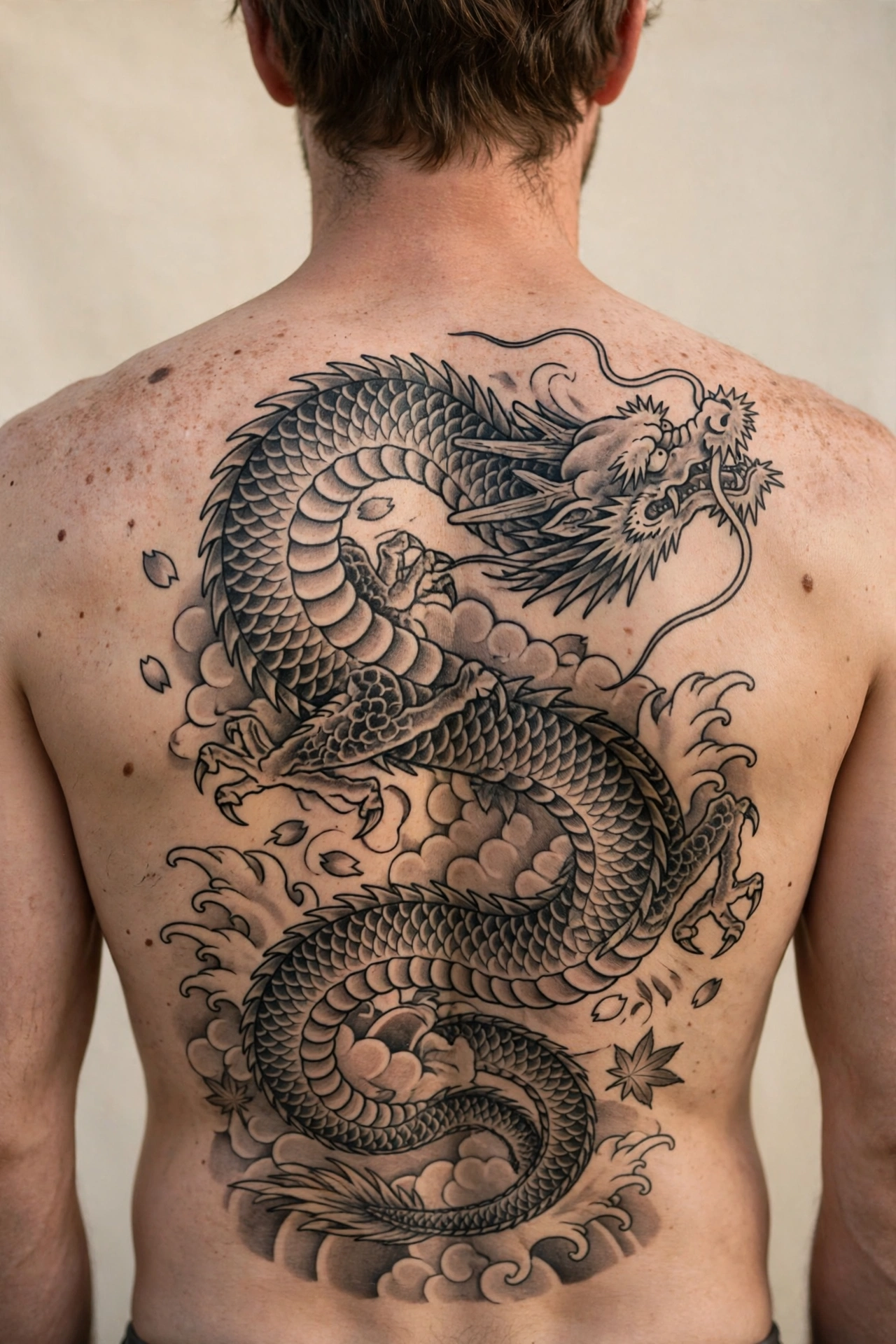 Man with a black and grey Japanese dragon tattoo on his arm