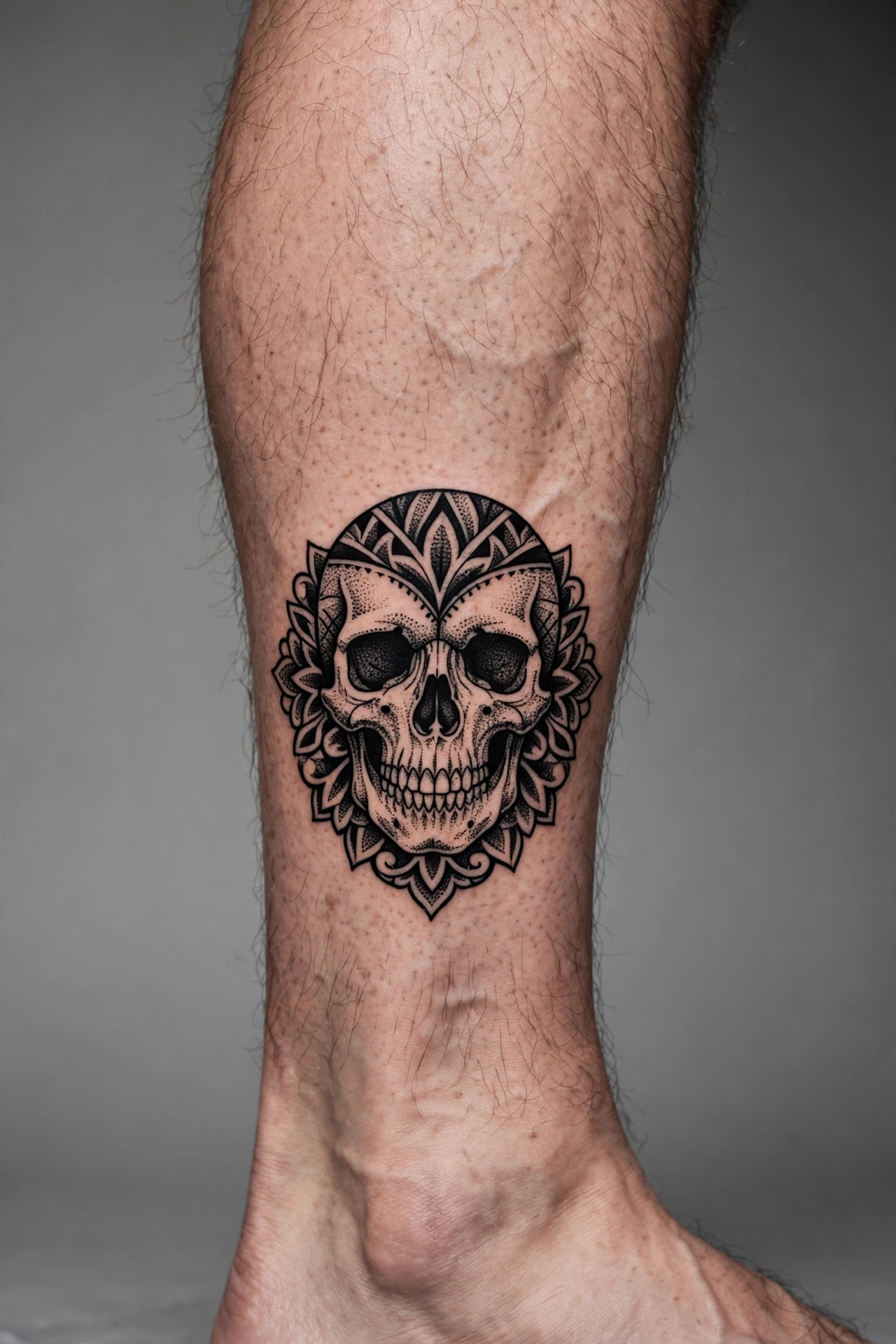 Blackwork skull tattoo on a man calf