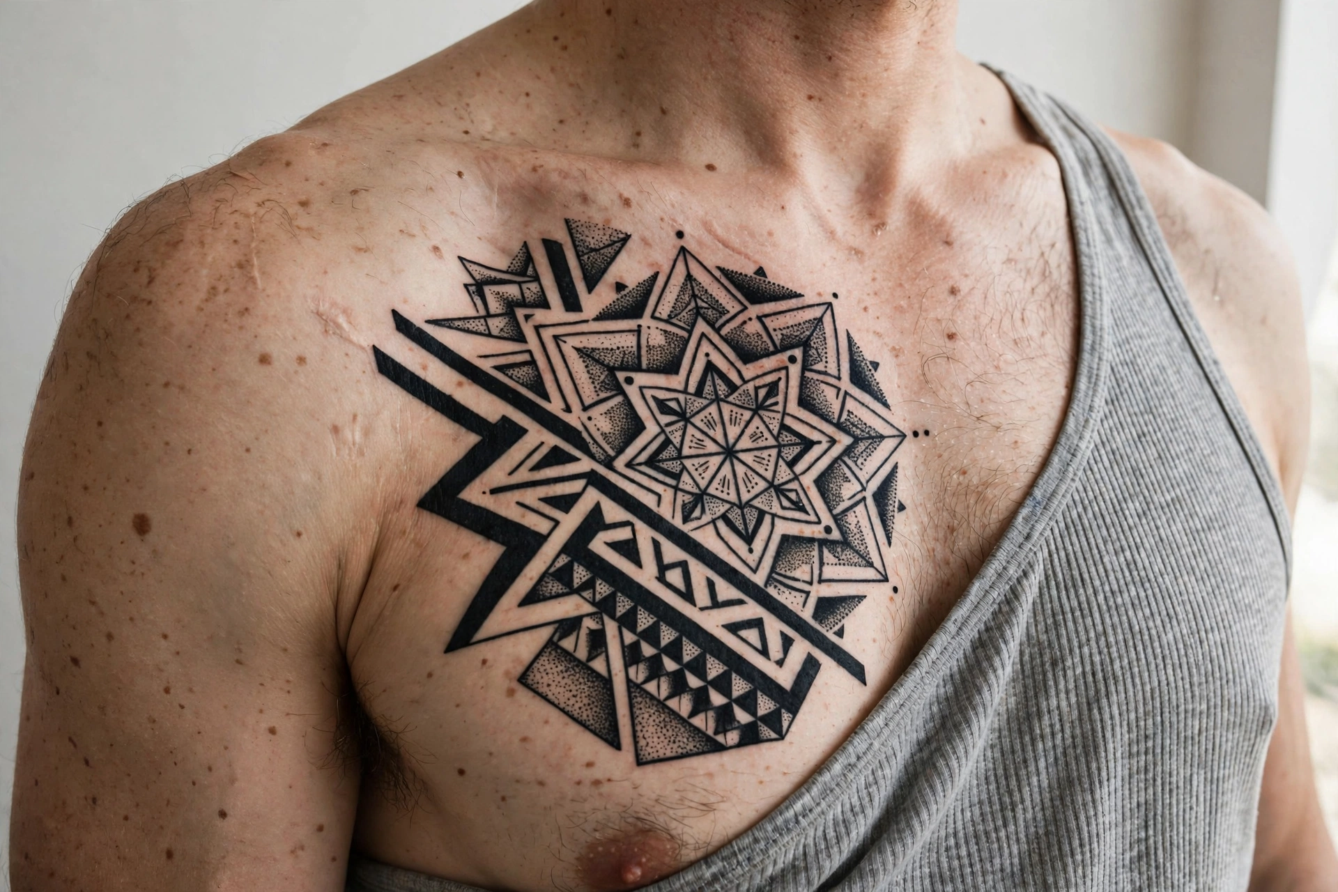 Man upper arm with a geometric blackwork mandala tattoo