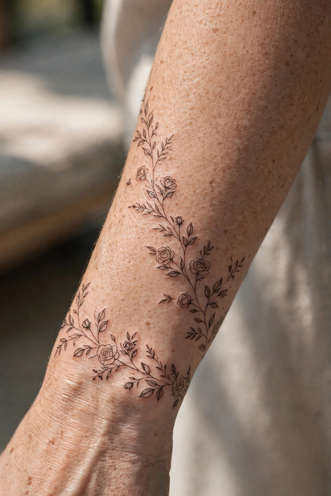 Woman forearm with a fine line floral tattoo